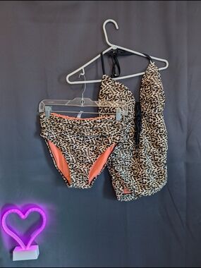La Vie En Rose Leopard Print Bikini Set with Coral Lining Bright Full Coverage